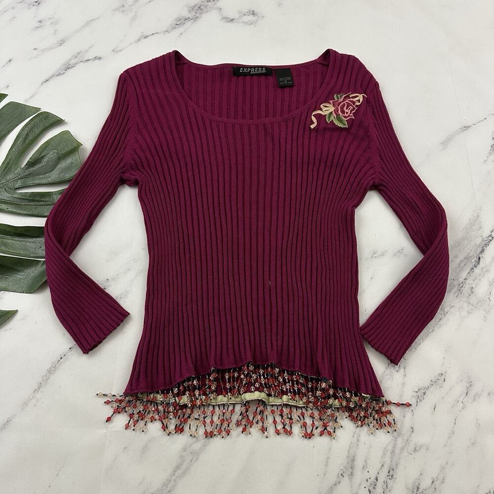 Express Womens Vintage y2k Ribbed Knit Beaded Top Size M Purple Floral Crop
